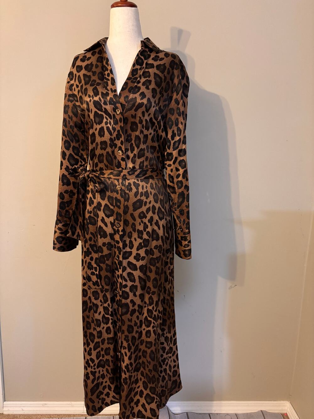ZARA Leopard Print Belted Maxi Shirt Dress Size Medium
